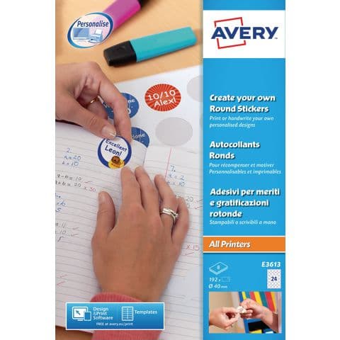 Avery Print Your Own Circular Stickers - 8 sheets of 24 - Pack of 192