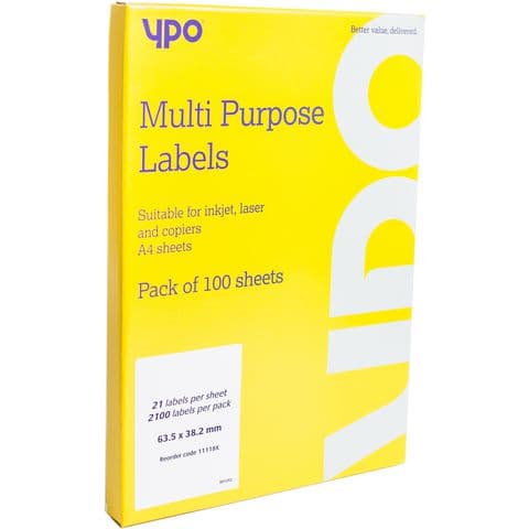 YPO Multipurpose Labels – 21 Labels Sheet - Pack of 100 sheets.