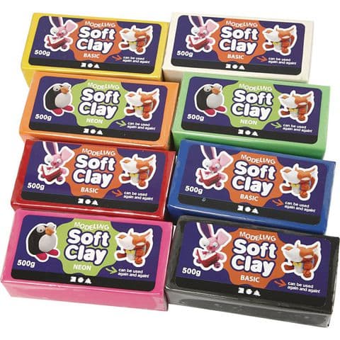 Soft Clay, Size 13 x 6 x 4cm, 8x500g, Assorted Colours