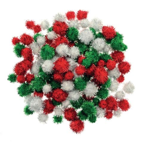 Tinsel Pom Poms, Assorted Sizes, Christmas Colours – Pack of 130