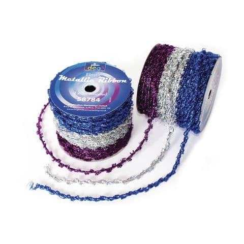 Twisted Elastic Metallic Ribbon Spool, Purple/Silver/Blue - 9m Total
