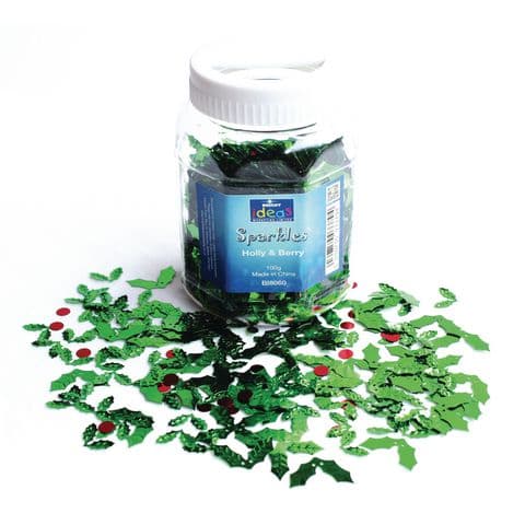 Christmas Holly & Berry Shaped Sequins – 100g Tub