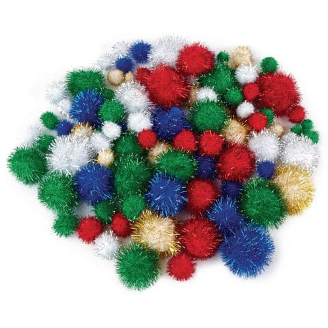 Tinsel Pom Poms, Assorted Sizes, Christmas Colours – Pack of 100