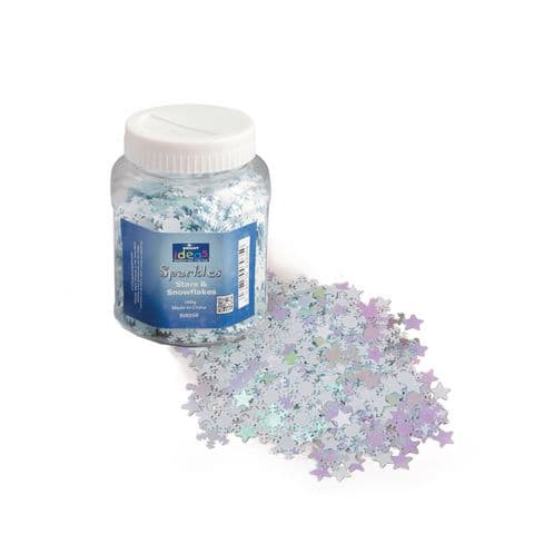 Star and Snowflake Shaped Sequins, White and Iridescent – 100g Tub