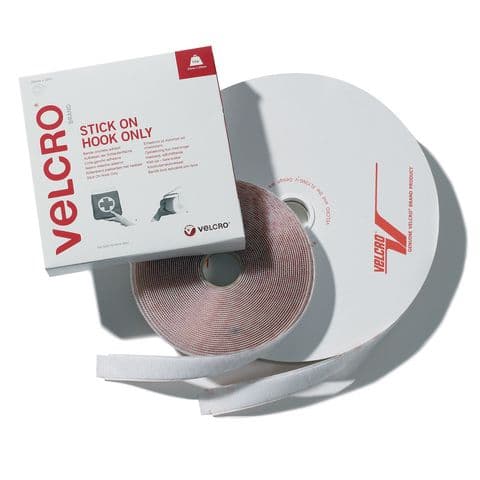 VELCRO&reg; Brand Stick On Tape, Hook Only, White - 25m Roll