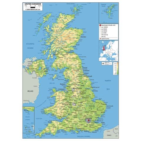 UK Physical Map - A1 Laminated