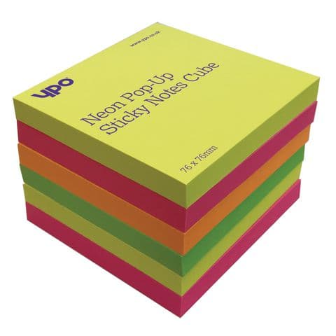 YPO Neon Pop-Up Sticky Notes Cube, Assorted Colours, 76 x 76