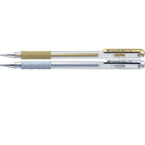 Pentel Hybrid Gel Grip Rollerball Pens, Gold and Silver - Pack of 2