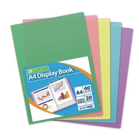 A4 Display Book Presentation File, 20 Pockets, Pastel Colours, Pack of 10