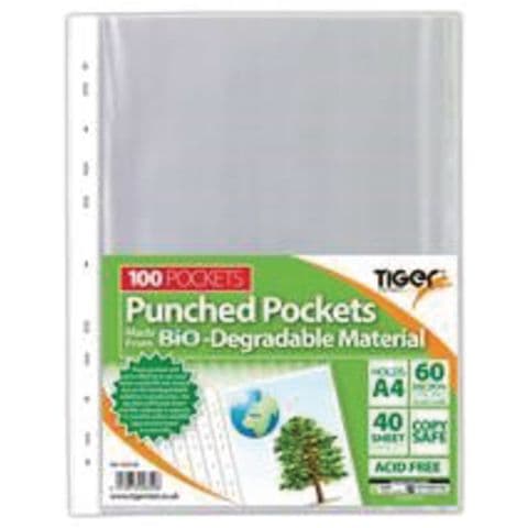 Biodegradable Punched pockets, A4, Clear, 60 Micron - Pack of 100