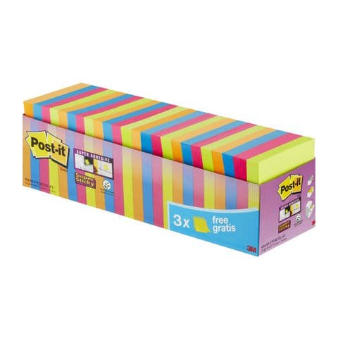 Post-It&reg; Super Sticky Notes Value Pack, Assorted Colours, 76mm x 76mm - Box of 24 Pads