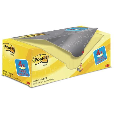 Post-It&reg; Canary&trade; Yellow Notes, 76mm x 76mm - Box of 20 Pads