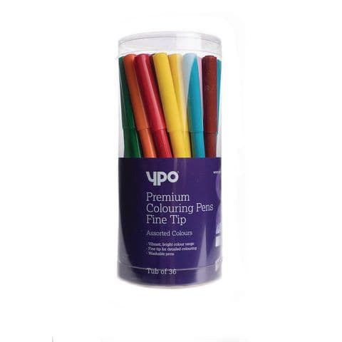 YPO Premium Fine Tip Colouring Pens, Assorted Colours – Tub of 36