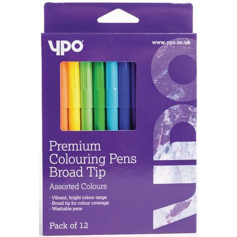 YPO Premium Broad Tip Colouring Pens, Assorted Colours – Pack of 12