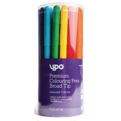 YPO Premium Broad Tip Colouring Pens, 12 Assorted Colours – Tub of 36