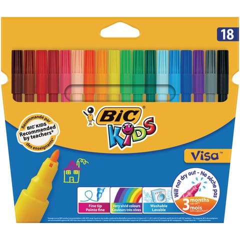 BIC Kids Visa Felt Tip Colouring Pens, Fine Tip, Assorted Colours – Pack of 18
