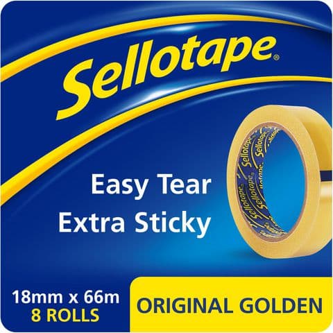 Sellotape Original Golden Sticky Tape, 75mm Core, 18mm(W) x 66m(L) – Pack of 8 Rolls.