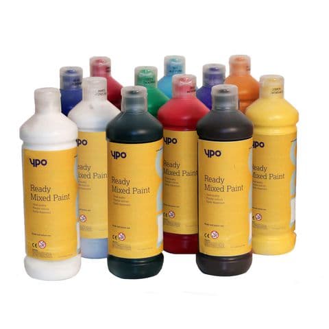 YPO Ready Mixed Paint, Assorted Colours, 1 Litre Bottles – Pack of 12