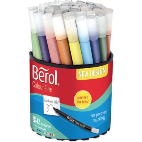 Berol Colourfine Colouring Pens, 12 Assorted Colours – Tub of 42