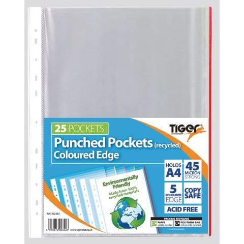 A4 Recycled Punched Pockets. Coloured edge, Pack of 25
