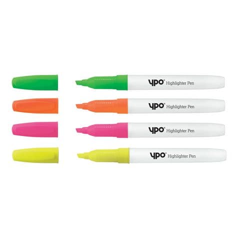 YPO Highlighter Pens, Assorted Colours - Pack of 4
