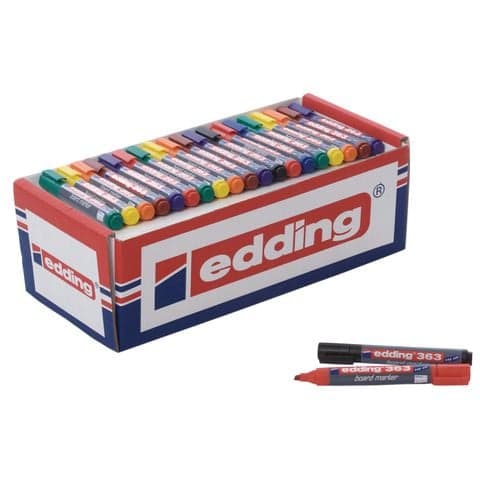 edding 363 Drywipe/Whiteboard Marker Pens, Chisel Tip, 4 Assorted Colours - Pack of 50.