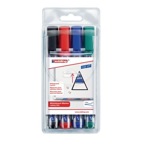 edding 363 Drywipe/Whiteboard Marker Pens, Chisel Tip, 4 Assorted Colours - Pack of 4