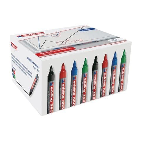 edding 360 Drywipe/Whiteboard Markers, Bullet Tip, 4 Assorted Colours - Pack of 50