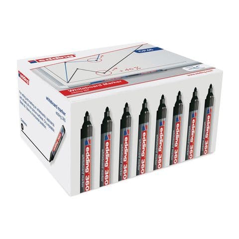 edding 360 Drywipe/Whiteboard Markers, Bullet Tip, Black - Pack of 50