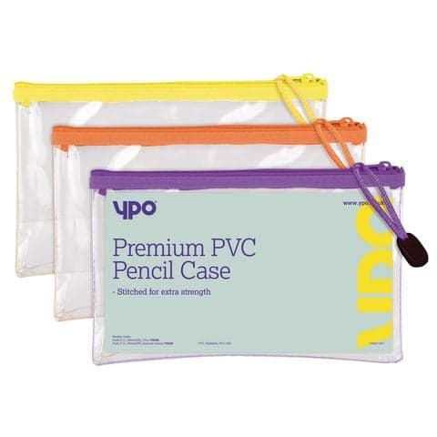 YPO Premium Clear Pencil Case, 200mm(W) Coloured Zip & Puller - Pack of 12