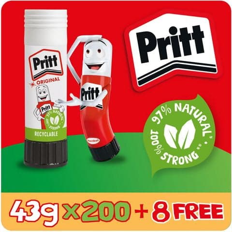 Pritt Original Glue Sticks, 43g - Pack of 200 + 8 FREE Sticks.