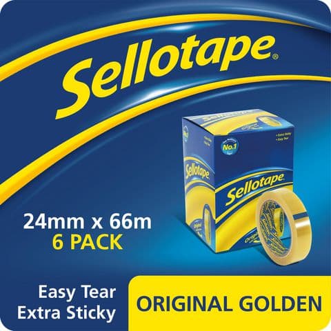 Sellotape Original Golden Sticky Tape, 75mm Core, 24mm(W) x 66m(L) – Pack of 6 Rolls