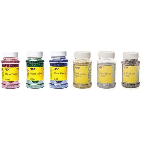 YPO Glitter Flakes, Assorted Primary Colours, 250g – Pack of 6