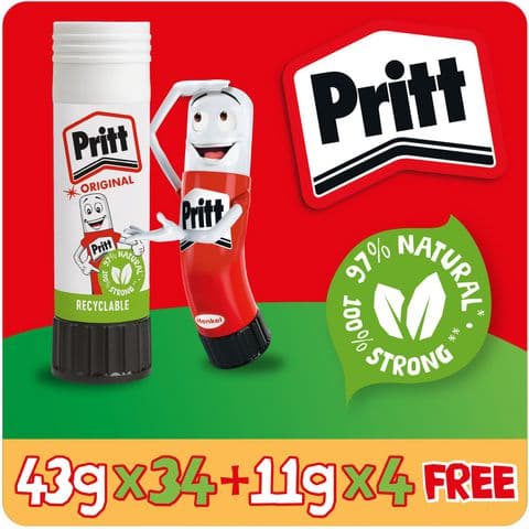 Pritt Original Glue Sticks, 43g - Pack of 34 + FREE 4 x 11g Sticks