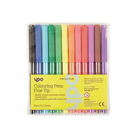 YPO Fine Tip Colouring Pens, Assorted Colours – Pack of 12