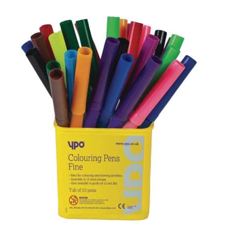 YPO Fine Tip Colouring Pens, 12 Assorted Colours – Tub of 50