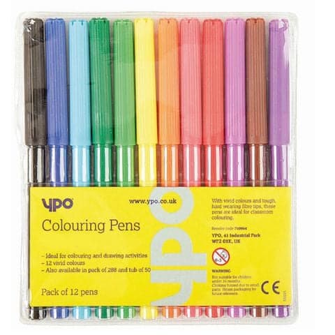 YPO Medium Colouring Pens, 12 Assorted Colours – Pack of 12