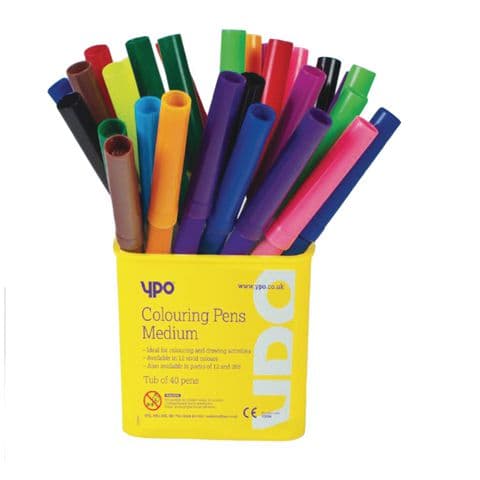YPO Medium Colouring Pens, 12 Assorted Colours – Tub of 40