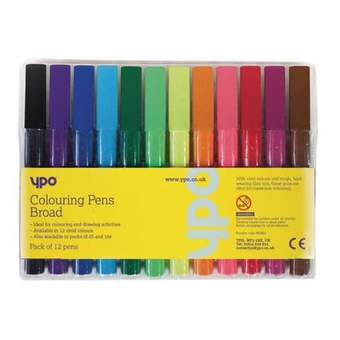 YPO Broad Tip Colouring Pens, Assorted Colours – Pack of 12