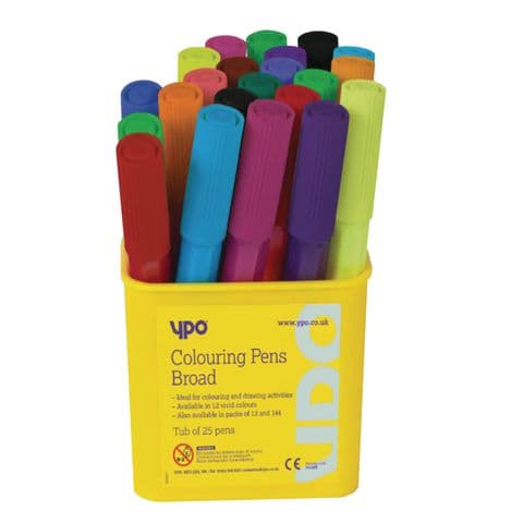 YPO Broad Tip Colouring Pens, 12 Assorted Colours – Tub of 25