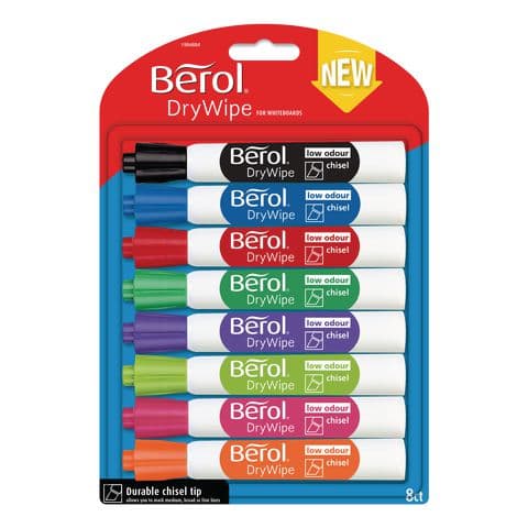 Berol Drywipe Markers, Chisel Tip, 8 Assorted Colours - Pack of 8