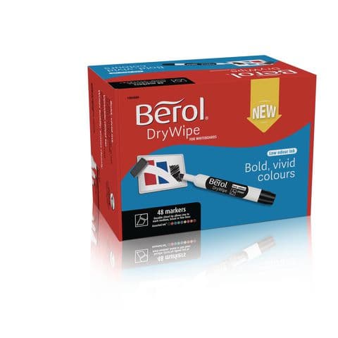 Berol Drywipe Markers, Chisel Tip, 9 Assorted Colours - Pack of 48