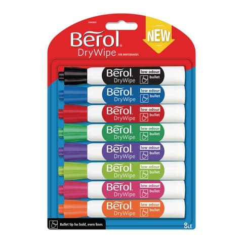 Berol Drywipe Markers, Bullet Tip, 8 Assorted Colours - Pack of 8