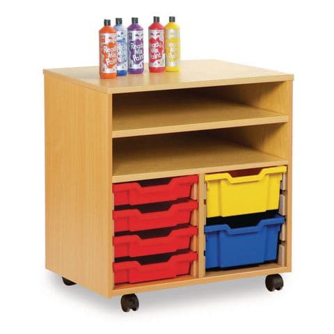 Open front mobile storage with 2 shelves over 8 shallow tray