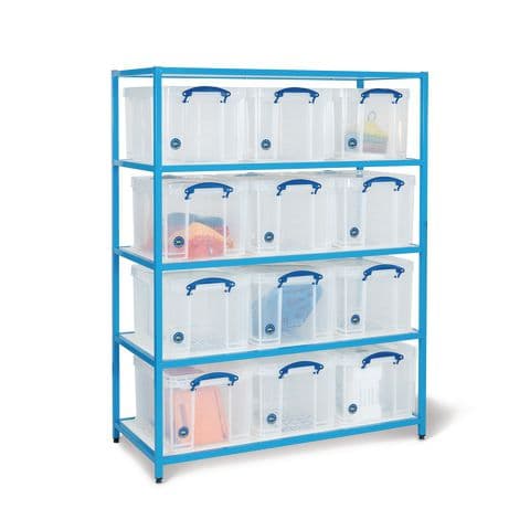 Really Useful Box Shelving Unit, 4 Shelves for 35L Boxes – with 12 Boxes & Lids