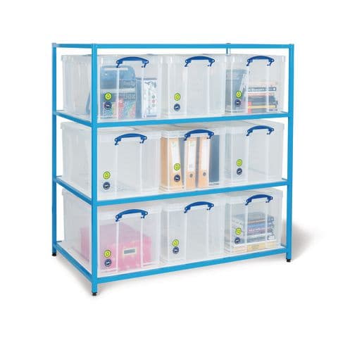 Really Useful Box Shelving Unit, 3 Shelves for 84L Boxes – with 9 Boxes & Lids