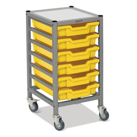 Dynamis Low Single Trolley Set in Silver with 75mm 2 Braked Castors and 6 shallow Trays