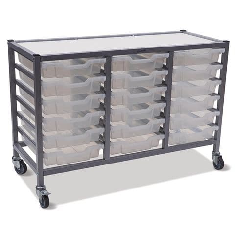 Dynamis Low Treble Trolley Set in Silver with 75mm 2 Braked Castors and 18 Shallow Trays