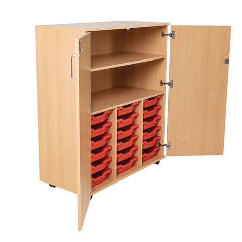 Mobile Tray/Shelf Storage Cupboard, Fixed Shelves – with 18 Shallow Gratnells Trays